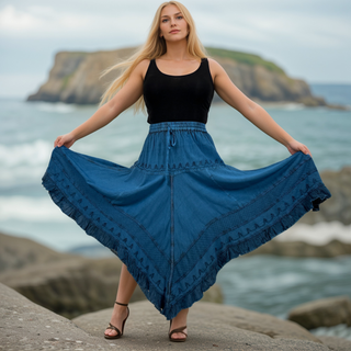 403 SKT Medieval Embroidered Rich Heavy Netted Lace Elastic Waistband Uneven Hem Style Skirt