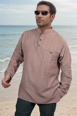 MS 545 Men's Soft Cotton Henley Mandarin Oriental Style Folding Kurta Shirt - Agan Traders, Salmon