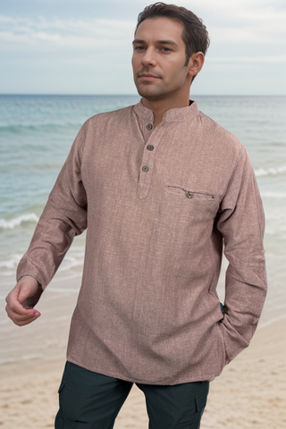 MS 545 Men's Soft Cotton Henley Mandarin Oriental Style Folding Kurta Shirt - Agan Traders, Salmon