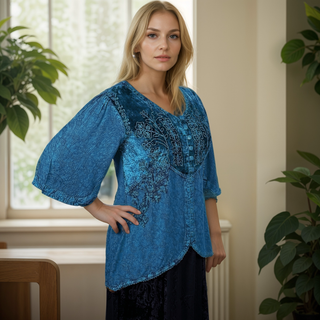 Women's Bohemian Exotic Ari Embroidered Button Down Short Sleeve Tunic Blouse - Agan Traders, Blue