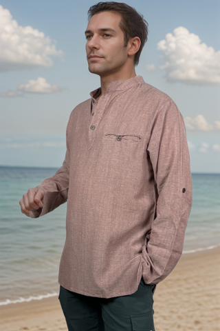 MS 545 Men's Soft Cotton Henley Mandarin Oriental Style Folding Kurta Shirt - Agan Traders, Salmon