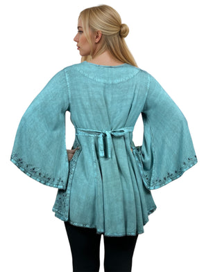 Sweet empire butterfly bell sleeve printed sequin bead flared tunic - Agan Traders, Turquoise