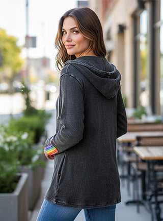 RJ 70 Bohemian Knit Rainbow Distressed Denim Hoodie Jacket