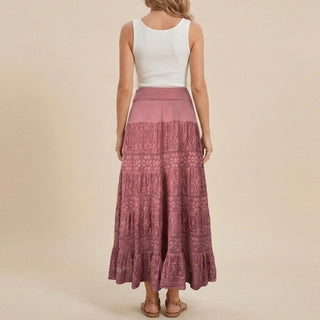 1701 SKT Boho Gothic Tiered Lace Net Waistband Long Flared Cotton Skirt Maxi