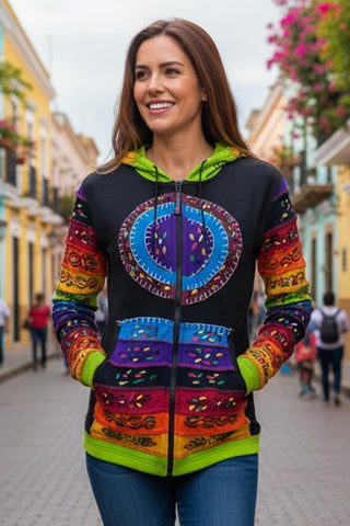 RJ 366 Rainbow Bohemian Brush Painted Peace Hoodie Jacket