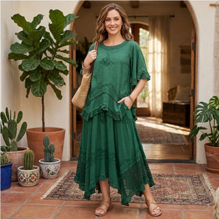 18 6027 B Bohemian Medieval Embroidered Round Neck Ruffle Hem Short Sleeve Blouse Top