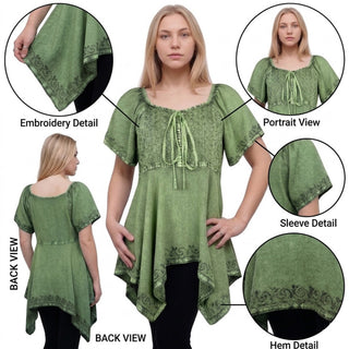 18605 B Bohemian Asymmetrical Hem Front Rope Tie Short Cap Sleeve Top Blouse