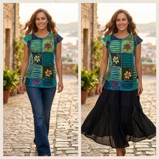 121 RB Knit Cotton Boho Razor Cut Embroidered Cap Sleeve Tank Top Blouses