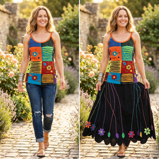 R 124 Patched Razor Cut Multi-Colored Tank Top