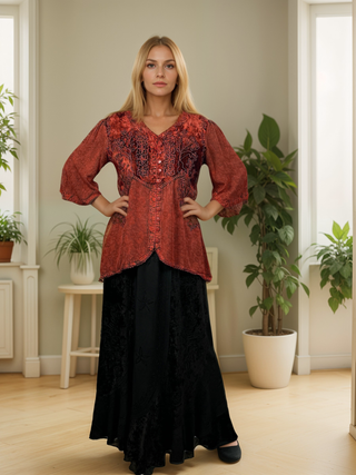 Women's Bohemian Exotic Ari Embroidered Button Down Short Sleeve Tunic Blouse - Agan Traders, B Red