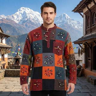 542 MS Men's Heavy Cotton Patchwork Henley Mandarin Style Fall Shirt