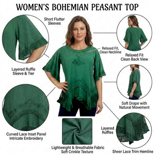 18 6027 B Bohemian Medieval Embroidered Round Neck Ruffle Hem Short Sleeve Blouse Top