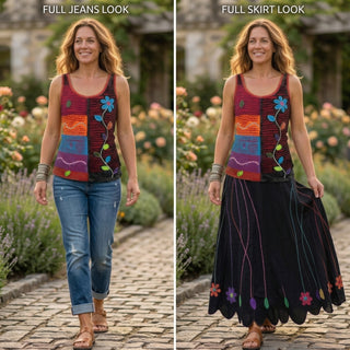 R 135 016 Rib Razor Cut Patched Floral Stem Embroidered Tank Cami Top