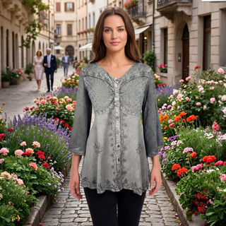 18 607 B Medieval Gothic Embroidered Button Down Sheer Lace Sleeve Top Blouse