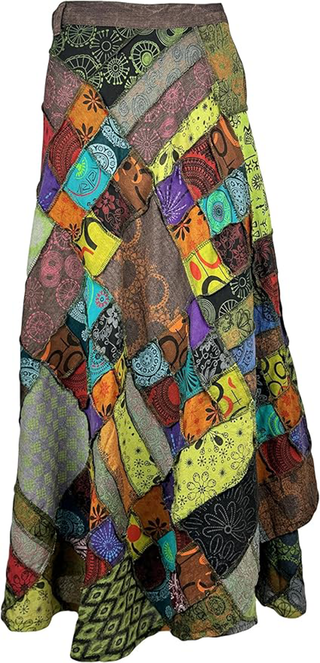 425 SKT Boho Cotton Tie Dye Asymmetrical Patched Fall Winter Wrap Skirt - Agan Traders, Green Multi