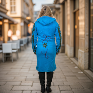 Nepal Knit Cotton Embroidered Bohemian Long Insulated Jacket Coat - Agan Traders, Turquoise