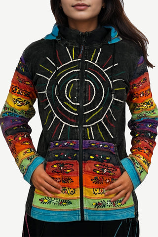 327 RJ Hand Crafted Bohemian Rib Tie-dye Brush Painted Patch Cotton Detachable Pixie Hoodie Jacket