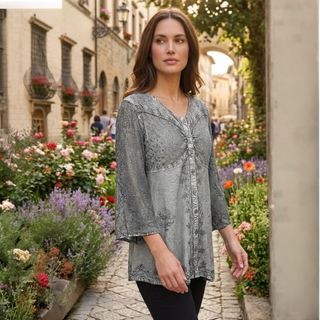 18 607 B Medieval Gothic Embroidered Button Down Sheer Lace Sleeve Top Blouse