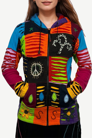 RJ 341 Razor Cut Peace Boho Patch Cotton Multi-colored Hoodie Jacket