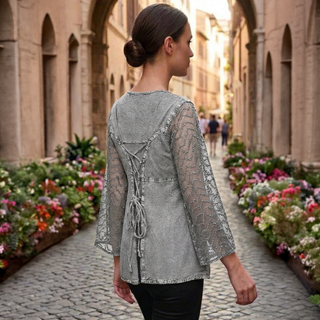 18 607 B Medieval Gothic Embroidered Button Down Sheer Lace Sleeve Top Blouse