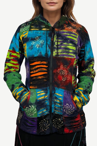 338 RJ Tie Dye Knit Cotton Razor Cut Patched Hoodie Sweatshirts Jacket