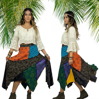 408 Skt Gypsy Tribal Boho Knit Cotton Asymmetrical Patch Skirt