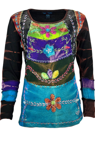 Rib Cotton Tie Dye Embroidered Floral Bohemian Gypsy Top Blouse - Agan Traders, Purple