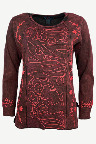 267 Bohemian Stonewashed Embroidered Tie-dye Long Sleeve Shirt Blouse - Agan Traders, Burgundy