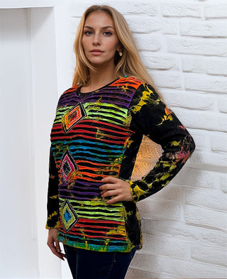 R 270 Boho Rib Knit Distressed  Tie-Dye Stonewashed Razor Cut Blouse Top