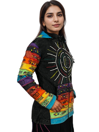 327 RJ Hand Crafted Bohemian Rib Tie-dye Brush Painted Patch Cotton Hoodie Jacket - Agan Traders, Charcoal