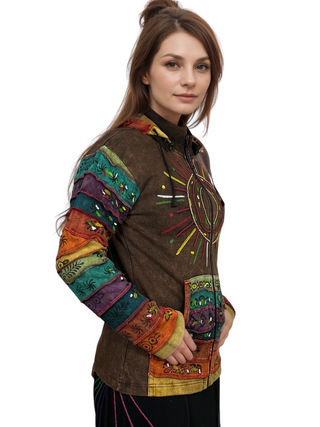 327 RJ Hand Crafted Bohemian Rib Tie-dye Brush Painted Patch Cotton Hoodie Jacket - Agan Traders, Brown
