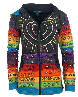 327 RJ Hand Crafted Bohemian Rib Tie-dye Brush Painted Patch Cotton Hoodie Jacket - Agan Traders, Charcoal