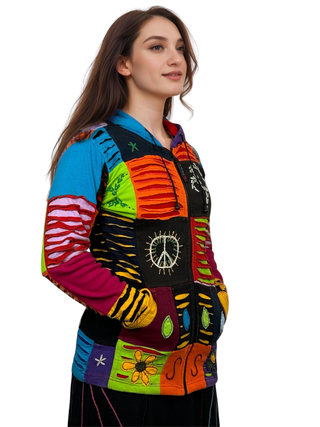 RJ 341 Razor Cut Peace Boho Patch Cotton Multi-colored Hoodie Jacket