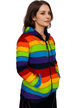 342 RJ Rainbow Hoodie Hippie Gypsy Cotton Bohemian Rib Jacket - Agan Traders, Rainbow