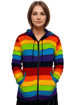 342 RJ Rainbow Hoodie Hippie Gypsy Cotton Bohemian Rib Jacket - Agan Traders, Rainbow