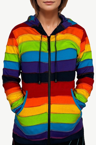 342 RJ Rainbow Hoodie Hippie Gypsy Cotton Bohemian Rib Jacket - Agan Traders, Rainbow