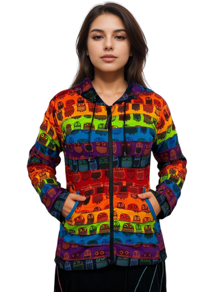 364 RJ Rainbow Owl Printed Vibrant Hoodie Hippie Gypsy Cotton Bohemian Rib Jacket - Agan Traders, Rainbow Owl