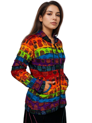 364 RJ Rainbow Owl Printed Vibrant Hoodie Hippie Gypsy Cotton Bohemian Rib Jacket - Agan Traders, Rainbow Owl