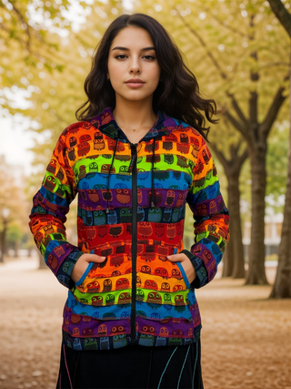 364 RJ Rainbow Owl Printed Vibrant Hoodie Hippie Gypsy Cotton Bohemian Rib Jacket