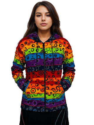 364 RJ Owl Printed Vibrant Hoodie Hippie Gypsy Cotton Bohemian Rib Jacket - Agan Traders, Rainbow Bubble 