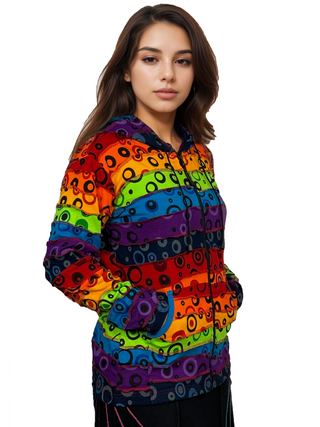 364 RJ Owl Printed Vibrant Hoodie Hippie Gypsy Cotton Bohemian Rib Jacket - Agan Traders, Rainbow Bubble 