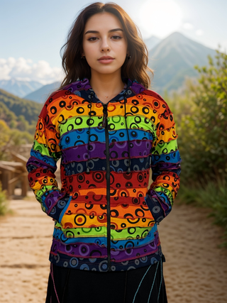 364 RJ Owl Printed Vibrant Hoodie Hippie Gypsy Cotton Bohemian Rib Jacket - Agan Traders, Rainbow Bubble 