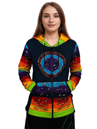 RJ 366 Rainbow Bohemian Brush Painted Peace Hoodie Jacket