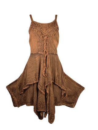 832 DR Rayon Women's Embroidered Handkerchief Spaghetti Strap Sexy Summer Sun dress - Agan Traders, Rust