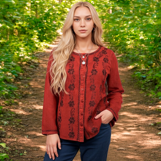27 707 B Women's Boho Medieval Embroidered Button Down Full Sleeve Shirt Blouse