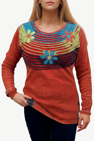 R 207 Gypsy Boho Rib Knit Distressed Stonewashed Razor Cut Blouse - Agan Traders, Orange Rust