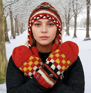 1402 Himalayan Wool Thick Chunky Knit Fleece Hat Mitten Glove ~ Small Medium