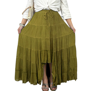 18 6028 SKT Boho Medieval Crepe Tier Elastic Waistband Front Open Long Skirt Maxi