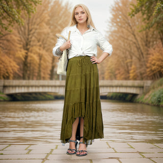 18 6028 SKT Boho Medieval Crepe Tier Elastic Waistband Front Open Long Skirt Maxi