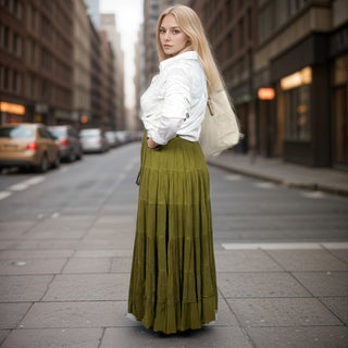 18 6028 SKT Boho Medieval Crepe Tier Elastic Waistband Front Open Long Skirt Maxi